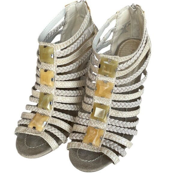 Apostrophe Faux Snakeskin Tan Strappy Bejeweled High Heel Open Toe Sandals, 8.5 - Picture 2 of 10